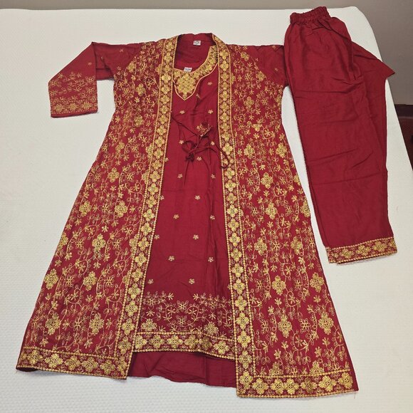 Red and Gold Desi Traditional Wear Salwar Kameez W Embroidered Jacket Size XL - Picture 1 of 8